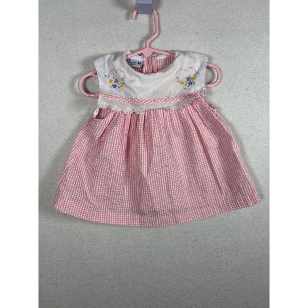 Samara Gingham Dress‎ Baby Girl 12M Pink Vintage Floral Embroidery
